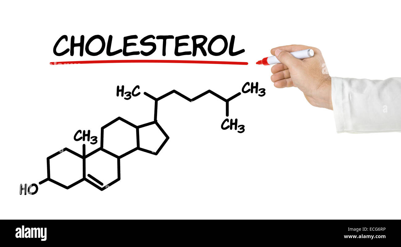 Chemische Formel des Cholesterins auf weißem Hintergrund Stockfoto