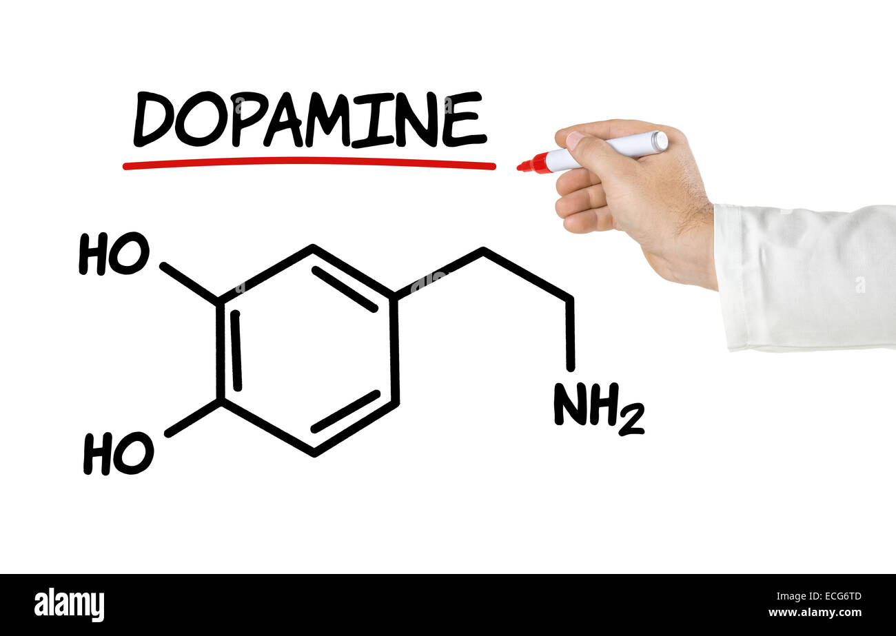 Chemische Formel von Dopamin auf weißem Hintergrund Stockfoto