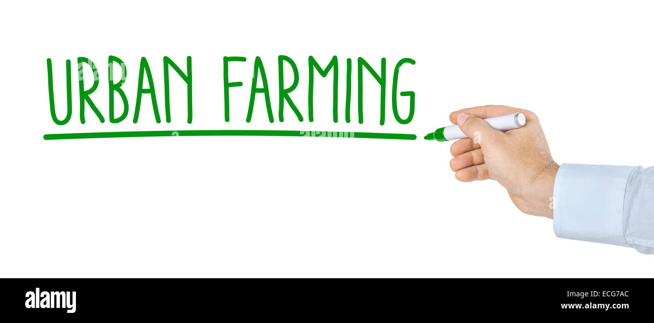 Hand mit Stift schreiben Urban Farming Stockfoto