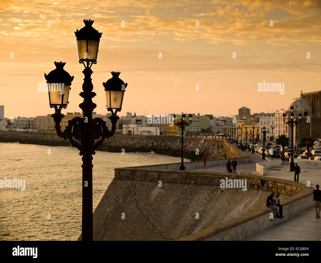 Paseo Campo del Sur in Cadiz bei Sonnenuntergang. Andalusien, Spanien Stockfoto