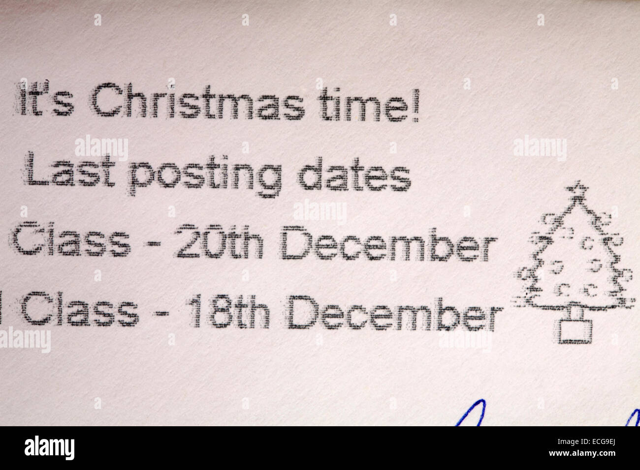 Letzter Beitrag Termine für Weihnachten Informationen auf Umschlag Stockfoto