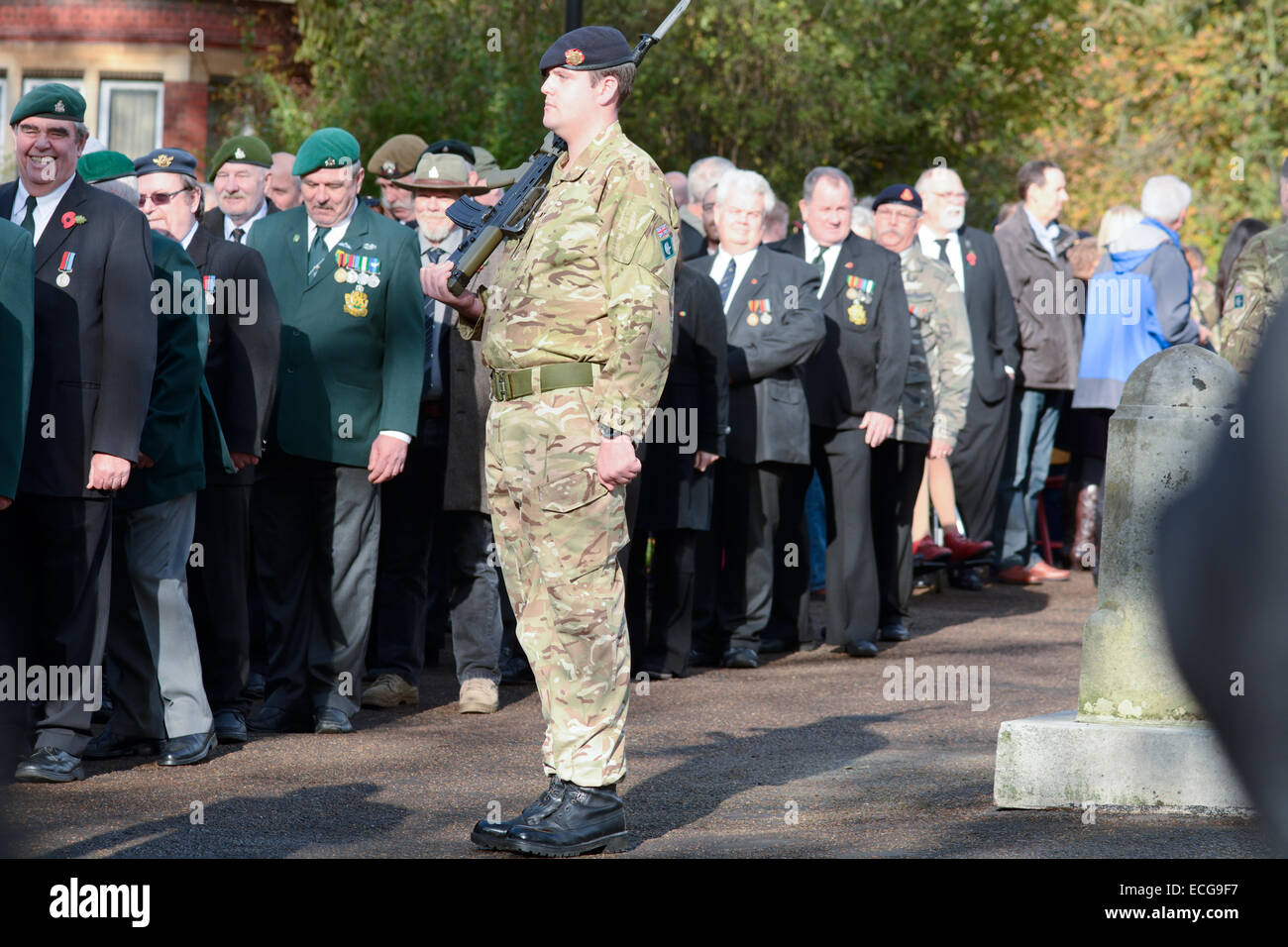 Remembrance Day Parade - Soldat ständigen Aufmerksamkeit wie Veteranen ihren Respekt, Bedford, England zu bezahlen Stockfoto