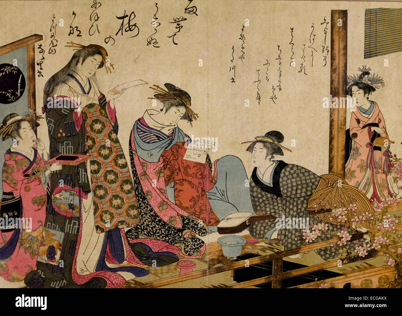 Die Kurtisanen Utagawa und Nanasato des Yotsumeya Bordells in Yoshiwara, begleitet von ihren Begleitern, ca. 1784 Holzschnitt Santo Kyoden Stockfoto