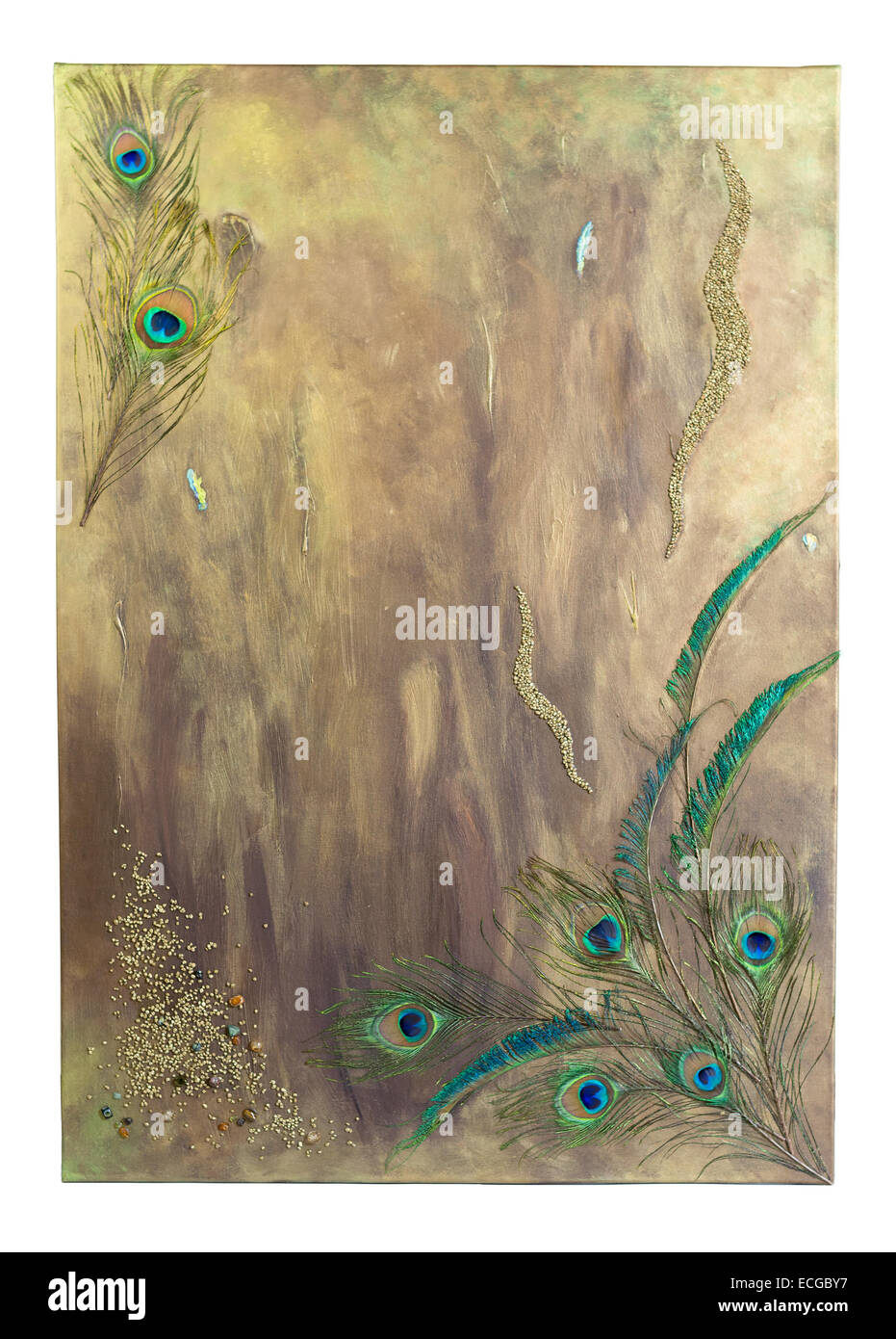Grün und Gold abstrakte Malerei mit Pfauenfeder und Perlen Stockfoto