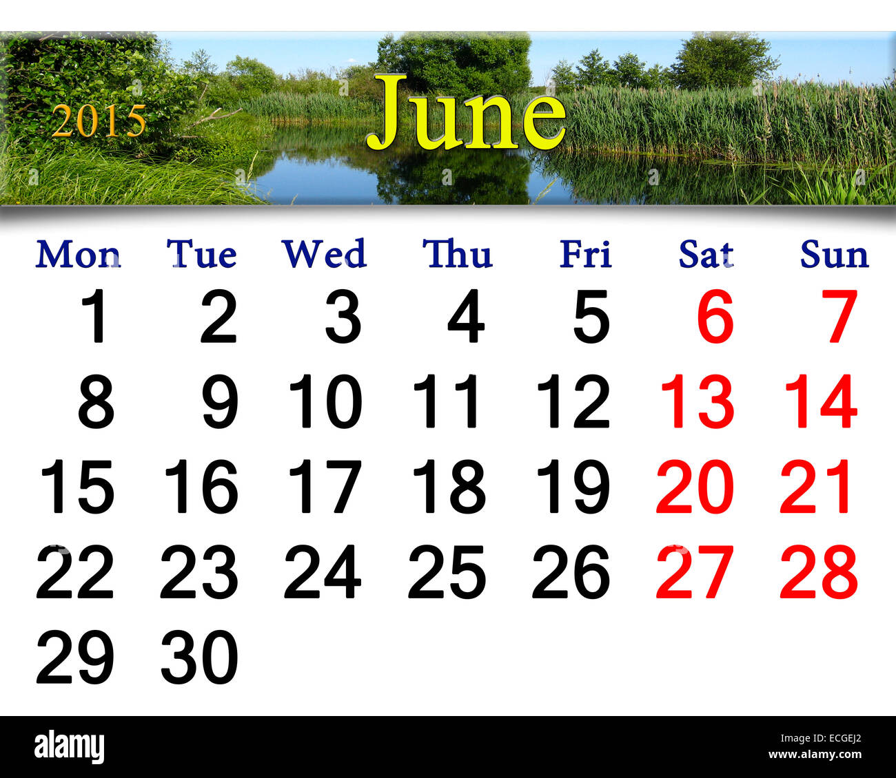 Kalender für den Monat Juni 2015 Jahr auf dem Hintergrund der Waldsee Stockfoto