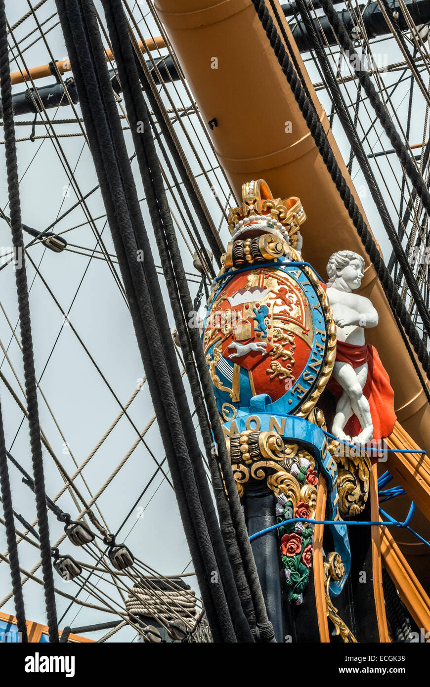 Galionsfigur der HMS Victory eine erste Rate Schiff der Linie von der Royal Navy, Hafen von Portsmouth, Hampshire, England, UK. Stockfoto