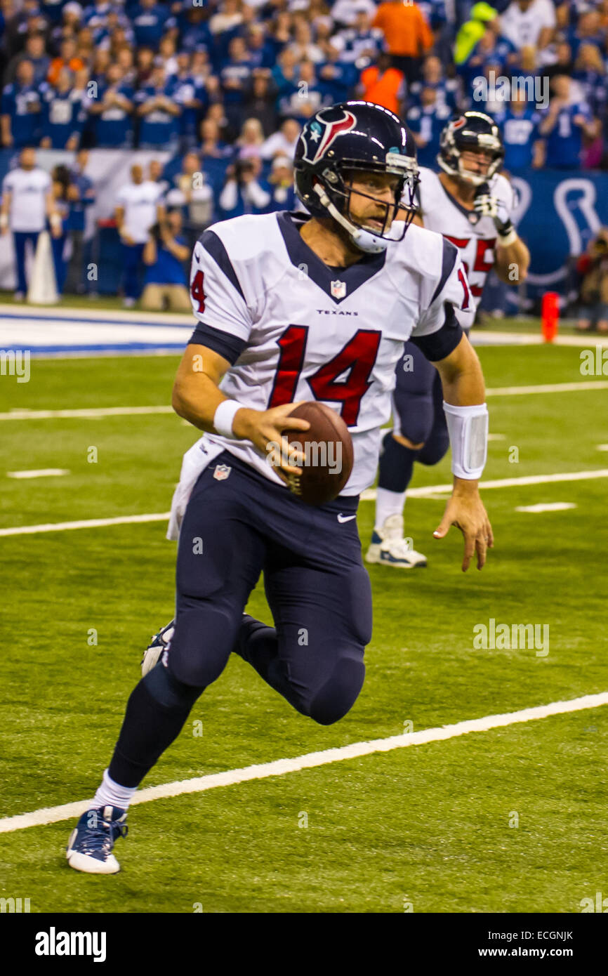 Indianapolis, Indiana, USA. 14. Dezember 2014. Houston Texans quarterback in der NFL-Spiel zwischen Houston Texans und Indianapolis Colts am 14. Dezember 2014 Ryan Fitzpatrick (14) läuft mit dem Ball. Houston Texans 10 - Indianapolis Colts 17. Bildnachweis: Cal Sport Media/Alamy Live-Nachrichten Stockfoto