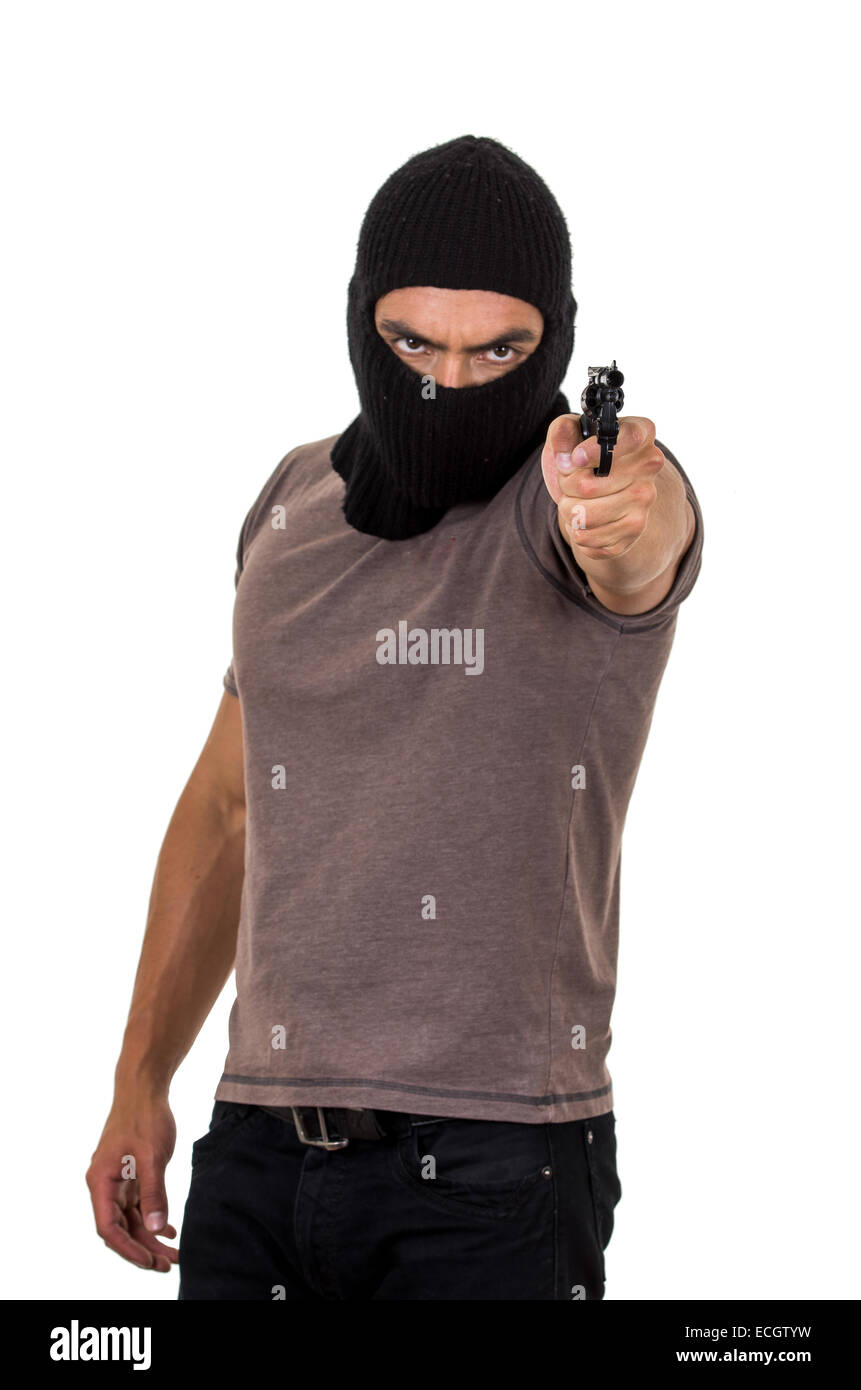 männliche Dieb Maske trägt und hält Waffe isoliert Stockfotografie - Alamy