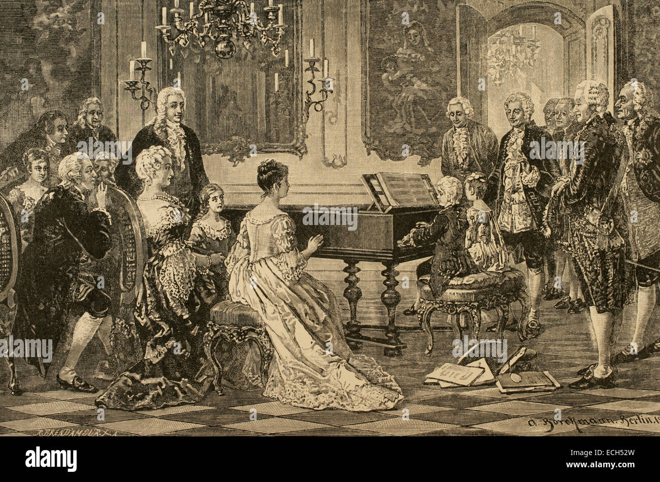 Mozart Familie Grand Tour. Maria Anna (Nannerl) und Wolfgang Amadeus spielen vor der Kaiserin Maria Theresa (1717-1780) am kaiserlichen Hof. Wien, 1762. Kupferstich von R. Brend'Amour. Stockfoto