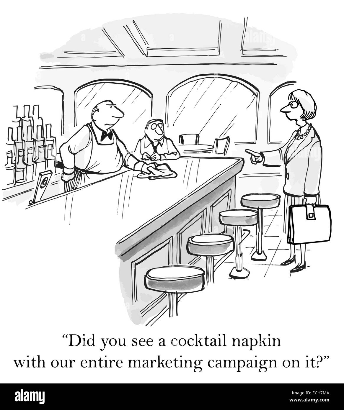 "Hast du eine cocktail Serviette mit unserer gesamten marketing-Kampagne darauf gesehen?" Stock Vektor