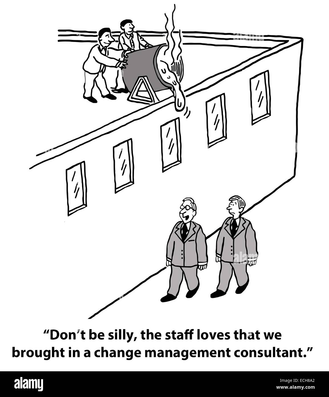 Der Chef ist aufgeregt und glücklich, dass das Unternehmen im Change Management Consultant, aber nicht das Personal brachte. Stock Vektor