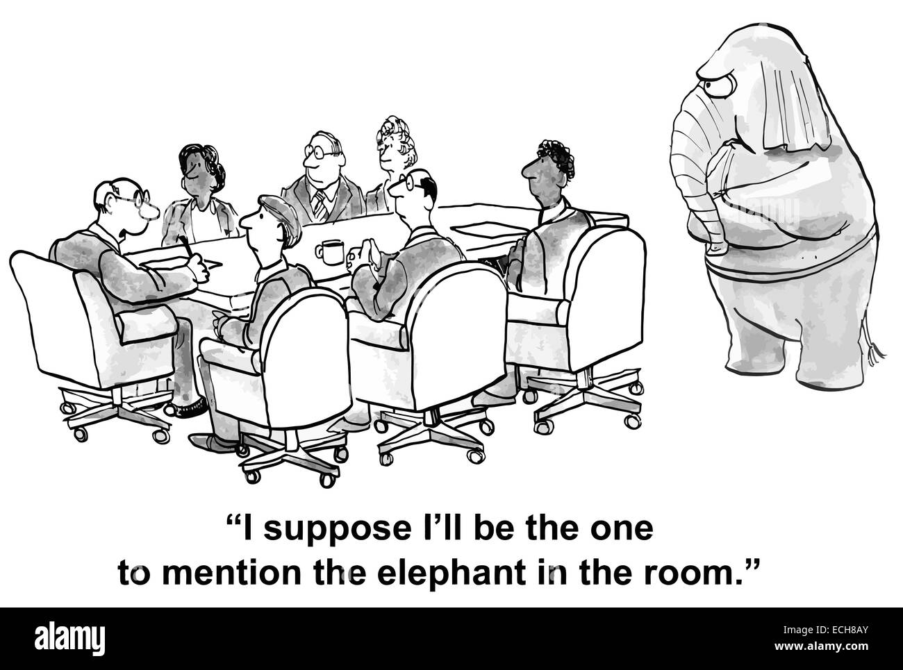 Der Geschäftsmann-Führer erwähnt schließlich der Elefant im Raum - die Notwendigkeit zur Lösung eines Problems als Team. Stock Vektor