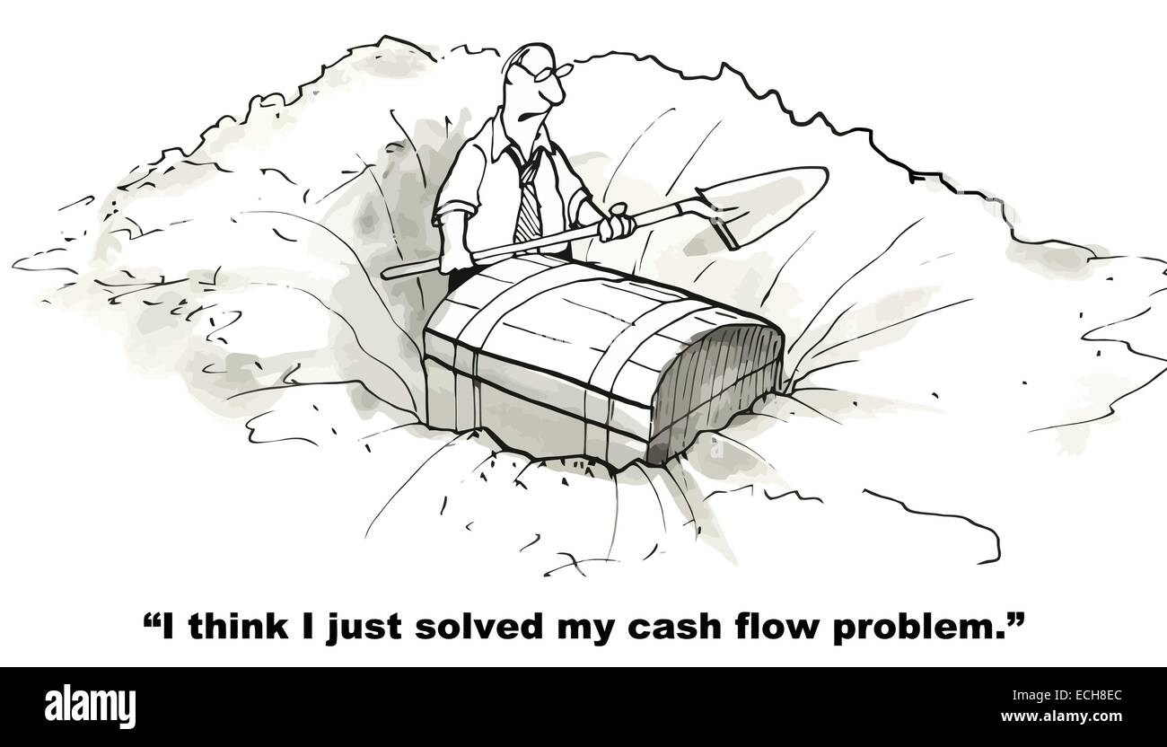 Kaufmann fand gerade vergrabenen Schatz - Gold und Cash - und nur sein Cashflow-Problem gelöst. Stock Vektor