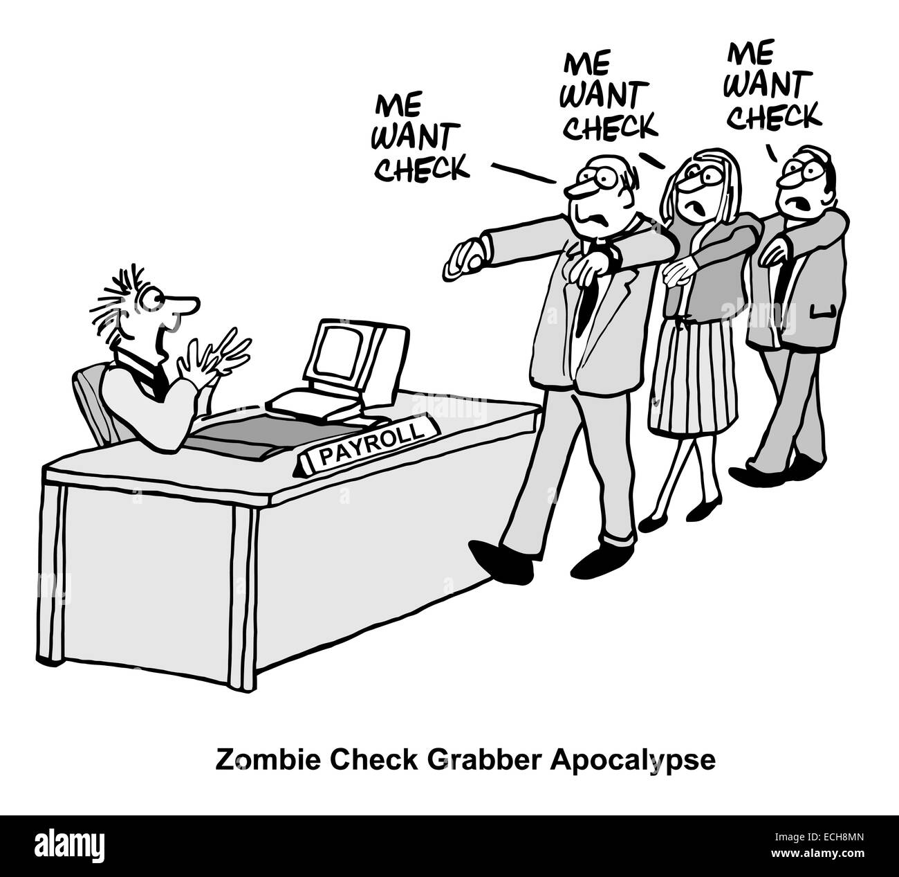 Die Angestellten verhalten sich wie Zombies und fordern Schecks an. Stock Vektor