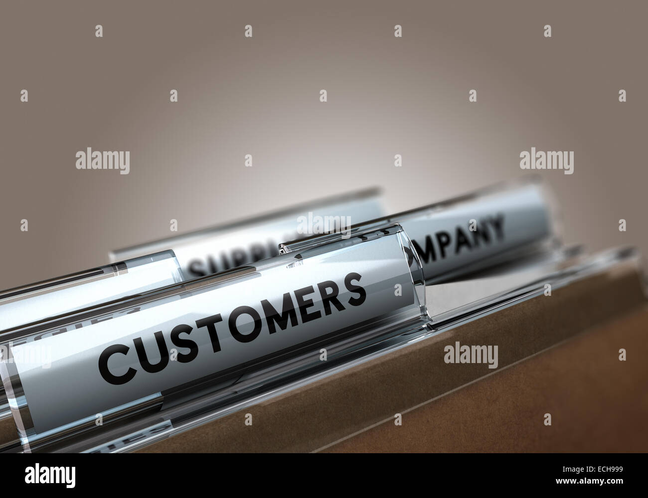 Ordnerregisterkarte mit den Text-Kunden mit Fokus auf das Wort und Blur-Effekt. Konzept-Bild für Kundenmanagement. Stockfoto