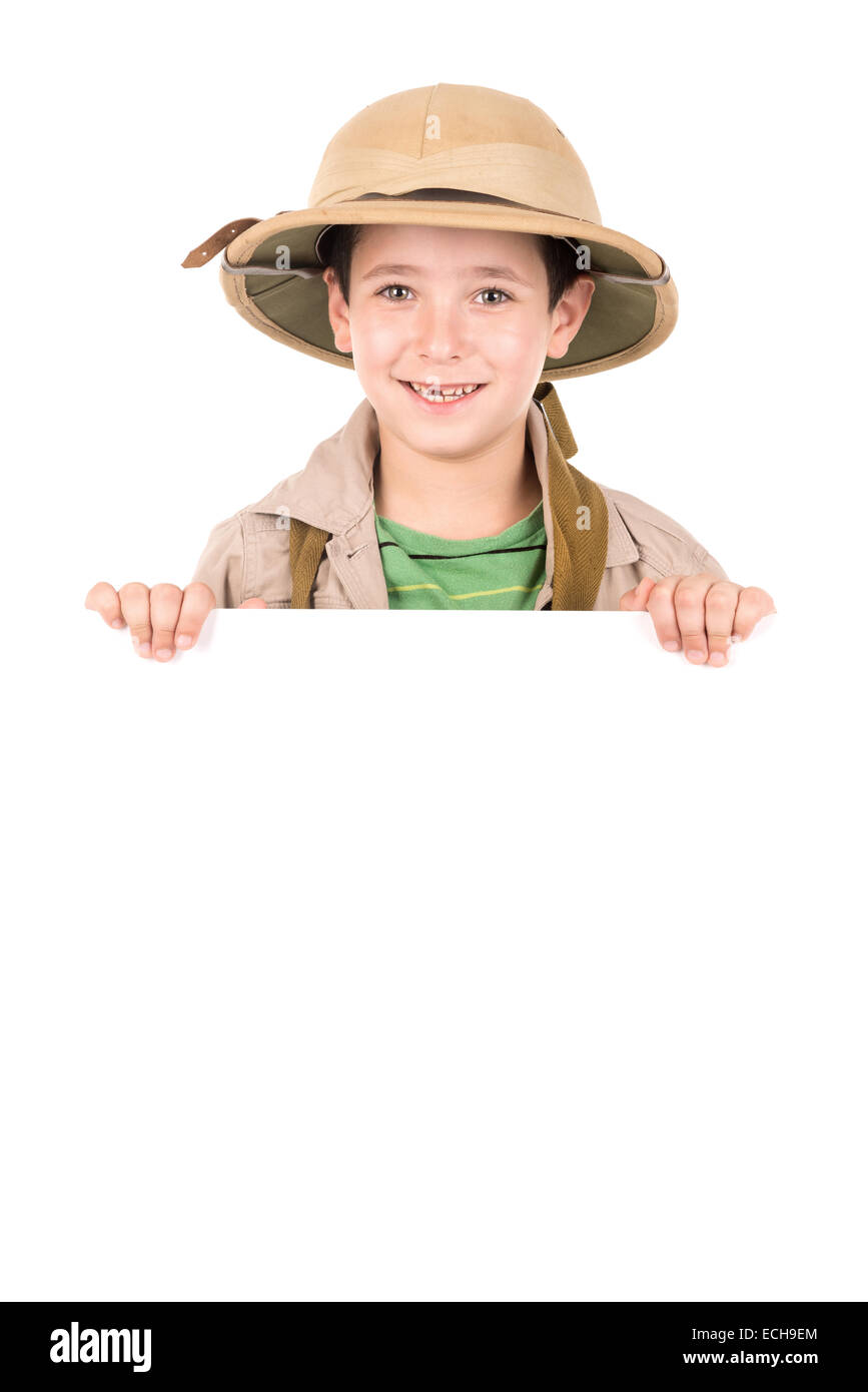 Junge mit Safari Kleidung über eine weiße Tafel Stockfoto