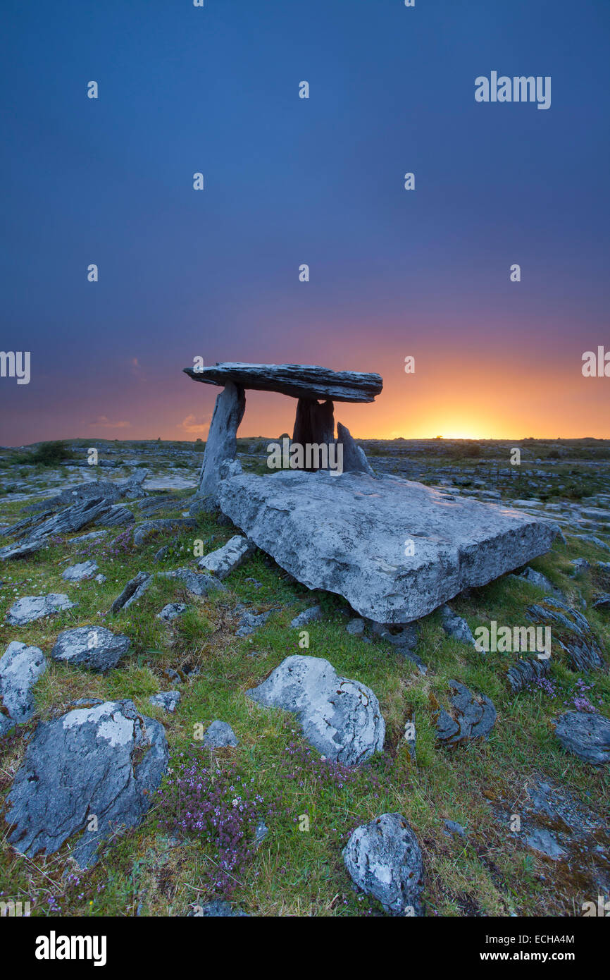 Morgendämmerung am Poulnabrone Dolmen, Burren, County Clare, Irland. Stockfoto