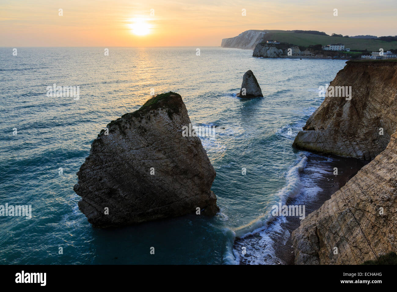 Sonnenuntergang in Freshwater Bay, Isle Of Wight. Stockfoto