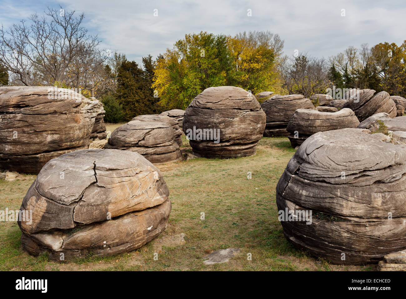 Sandstein-Konkretionen umfassen Rock City, in der Nähe von Minneapolis, Kansas, USA Stockfoto