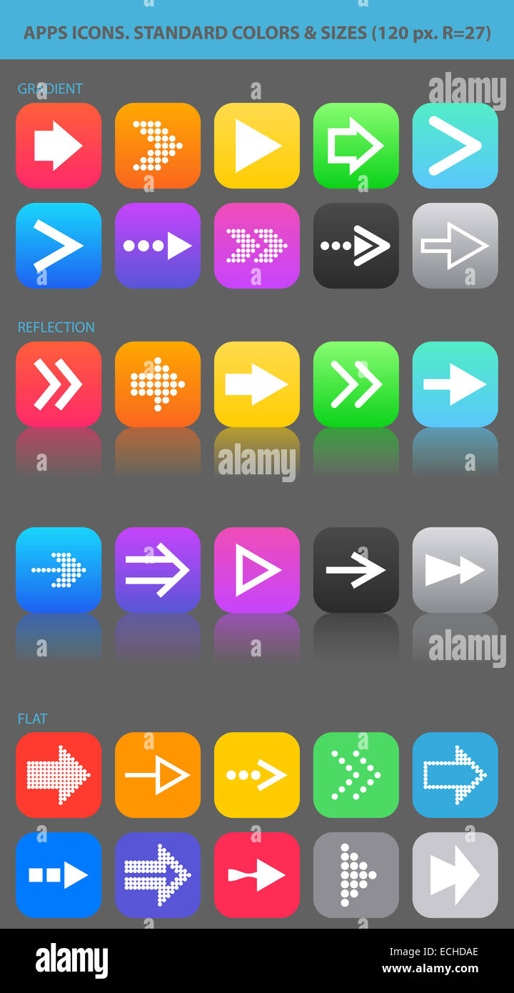Mit apps Navigationssymbole mit Pfeilen als Trendiges Design für die Benutzeroberfläche festlegen. Stockfoto