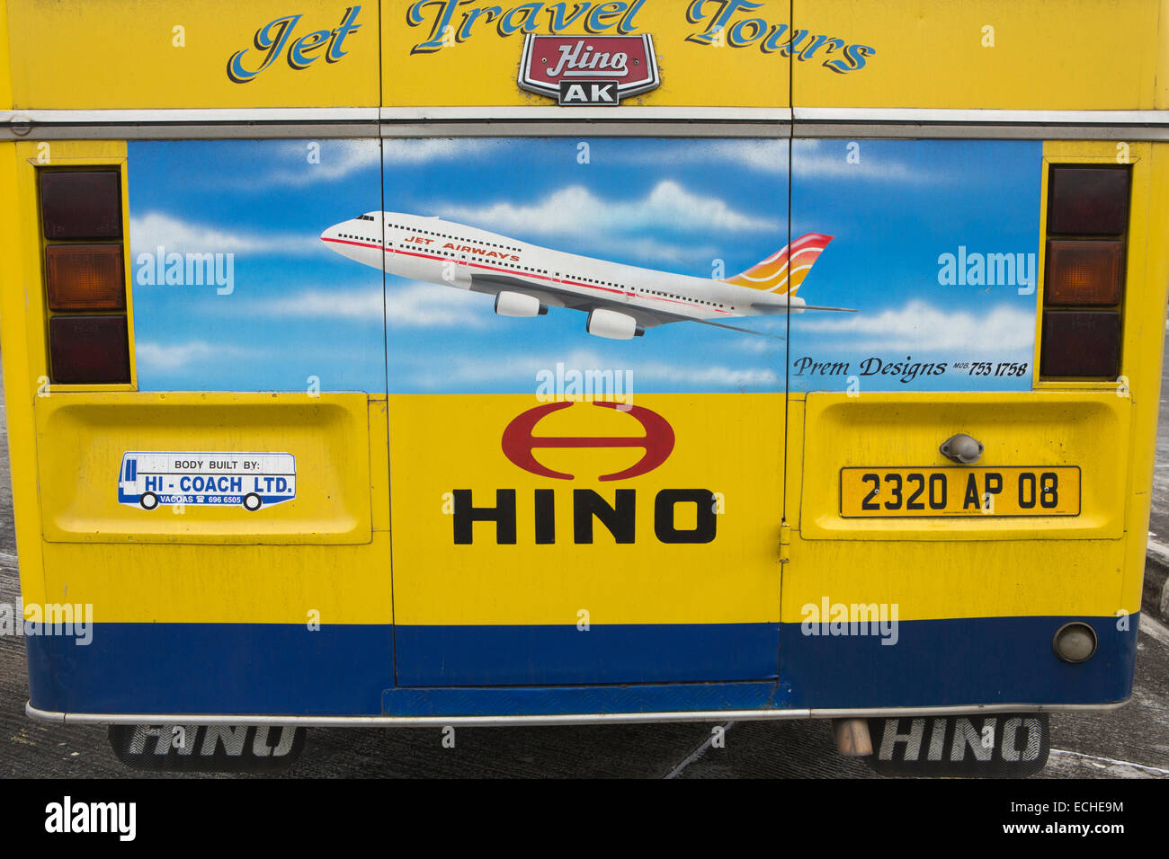 Mauritius, Mahebourg, Jet Travel Touren Airbrush Flugzeug Design auf Rückseite bus Stockfoto