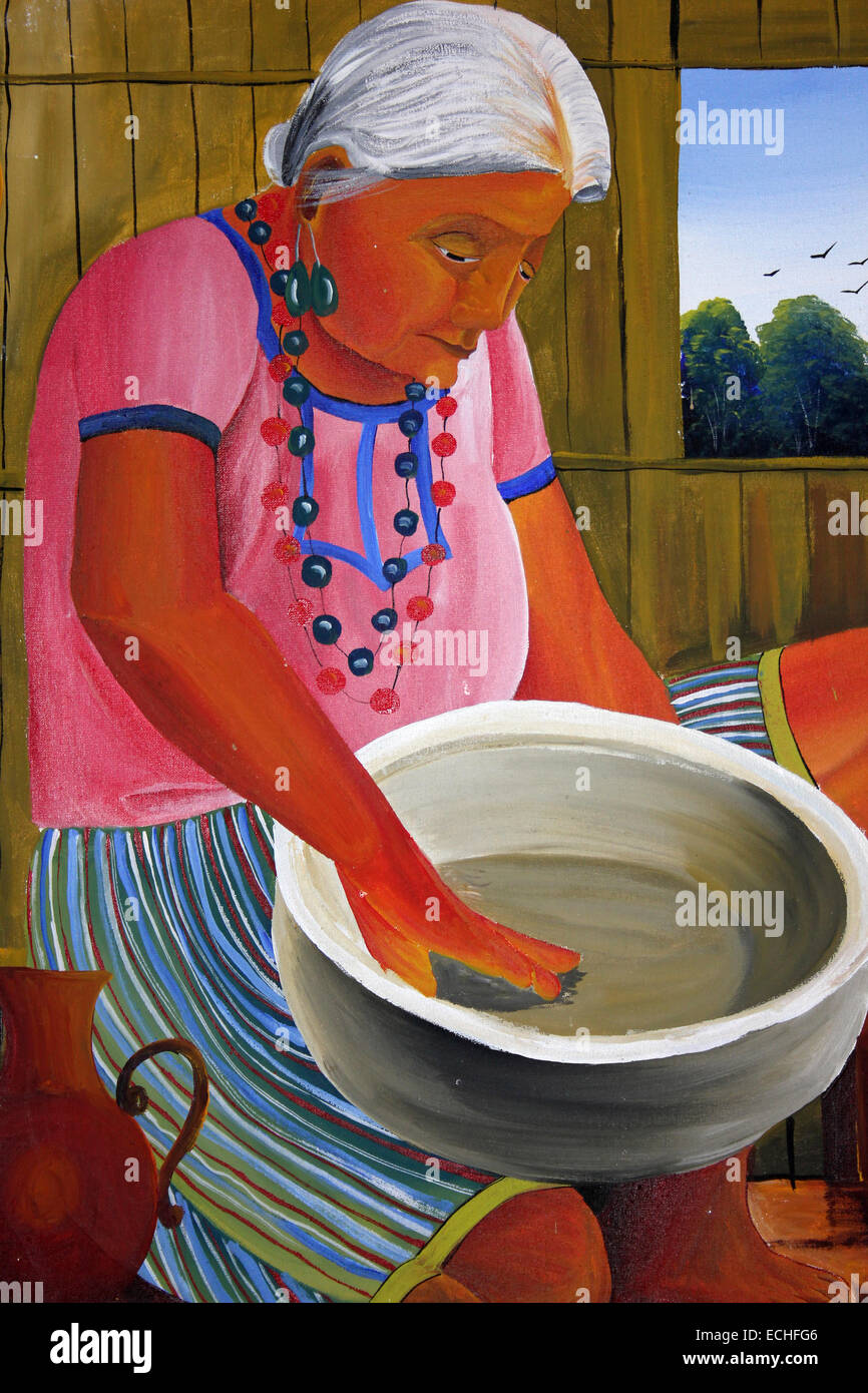 Moderne Belize Kunst zeigt eine ältere Dame, die Reinigung ihrer Küche Topf Stockfoto