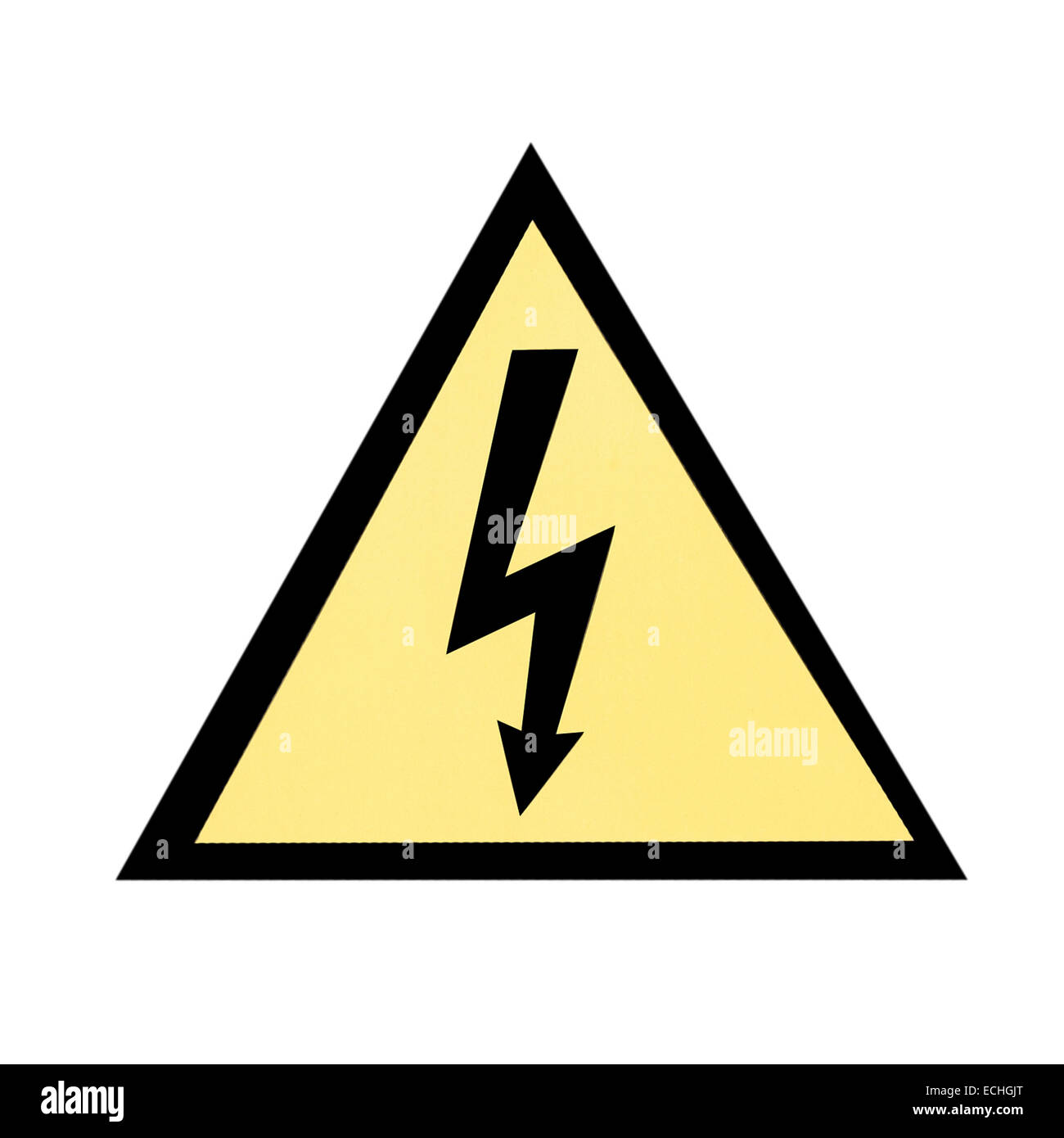 Gelbe elektrische Rettungszeichen isoliert auf weiss Stockfoto