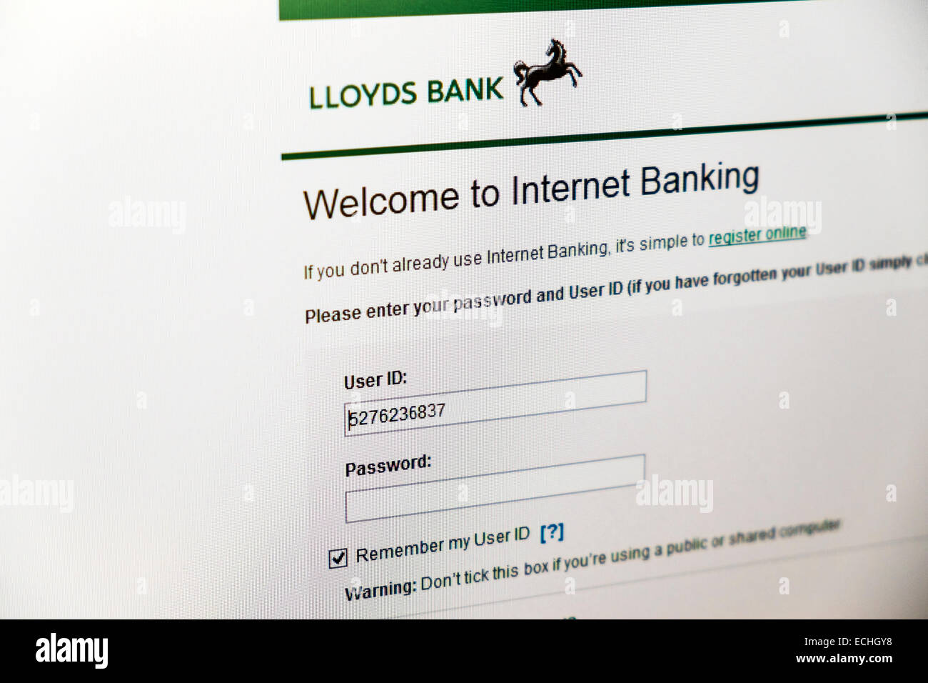 Lloyds Bank Internet-Banking anmelden Bildschirm net Website Passwort Benutzer ID Sicherheit Frage uk Website online Stockfoto