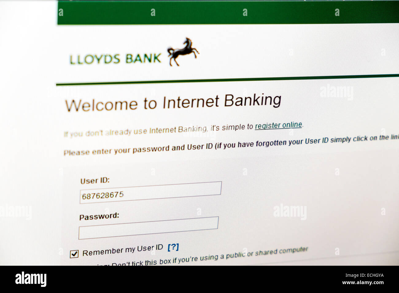 Lloyds Bank Internet-Banking anmelden Bildschirm net Website Passwort Benutzer ID Sicherheit Frage uk Website online Stockfoto