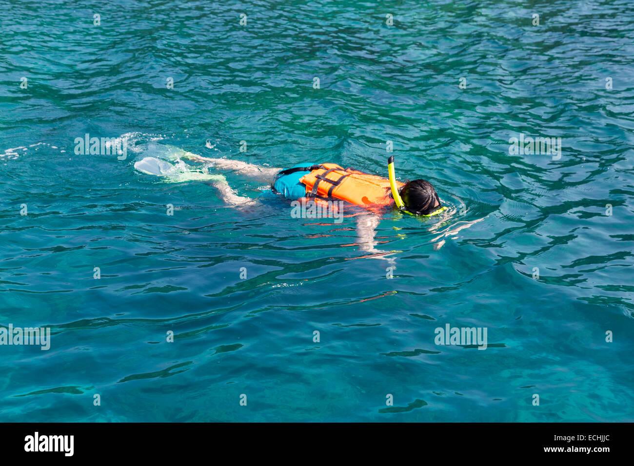 Schnorcheln im Meer mit einer Schwimmweste. Stockfoto