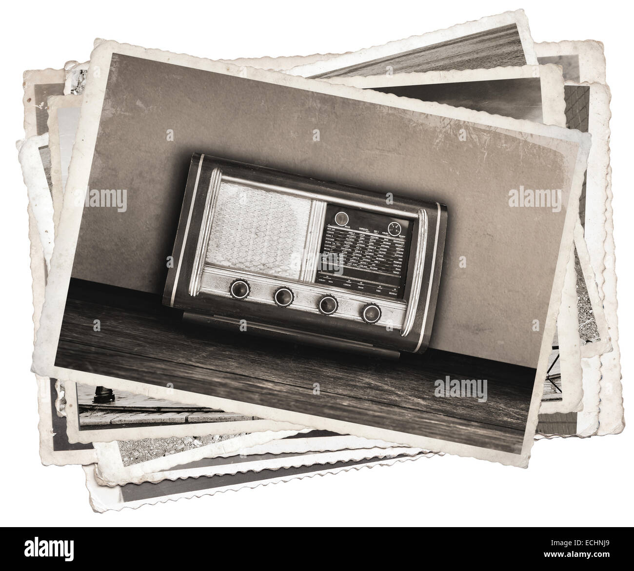 Alte Fotos Vitange altmodisch Radio auf Holztisch Stockfoto