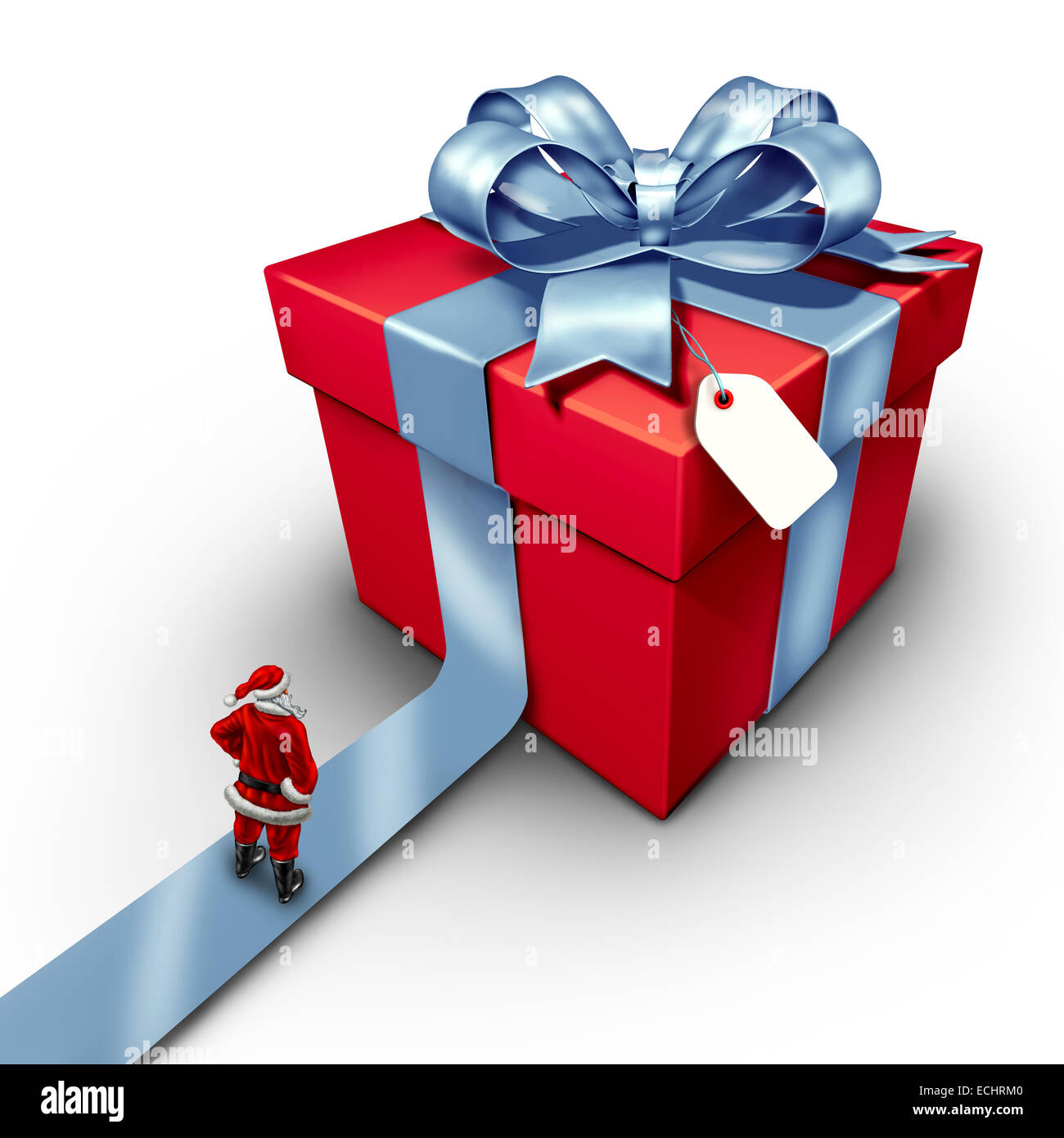 Santa Klausel Geschenk saisonalen Winter Symbol des Gebens als jolly Rotes Kostüm Mann stehend auf einem Pfad vor einem Riesen vorhanden verpackt und dekoriert mit einer Schleife und Bogen auf einem weißen Hintergrund. Stockfoto