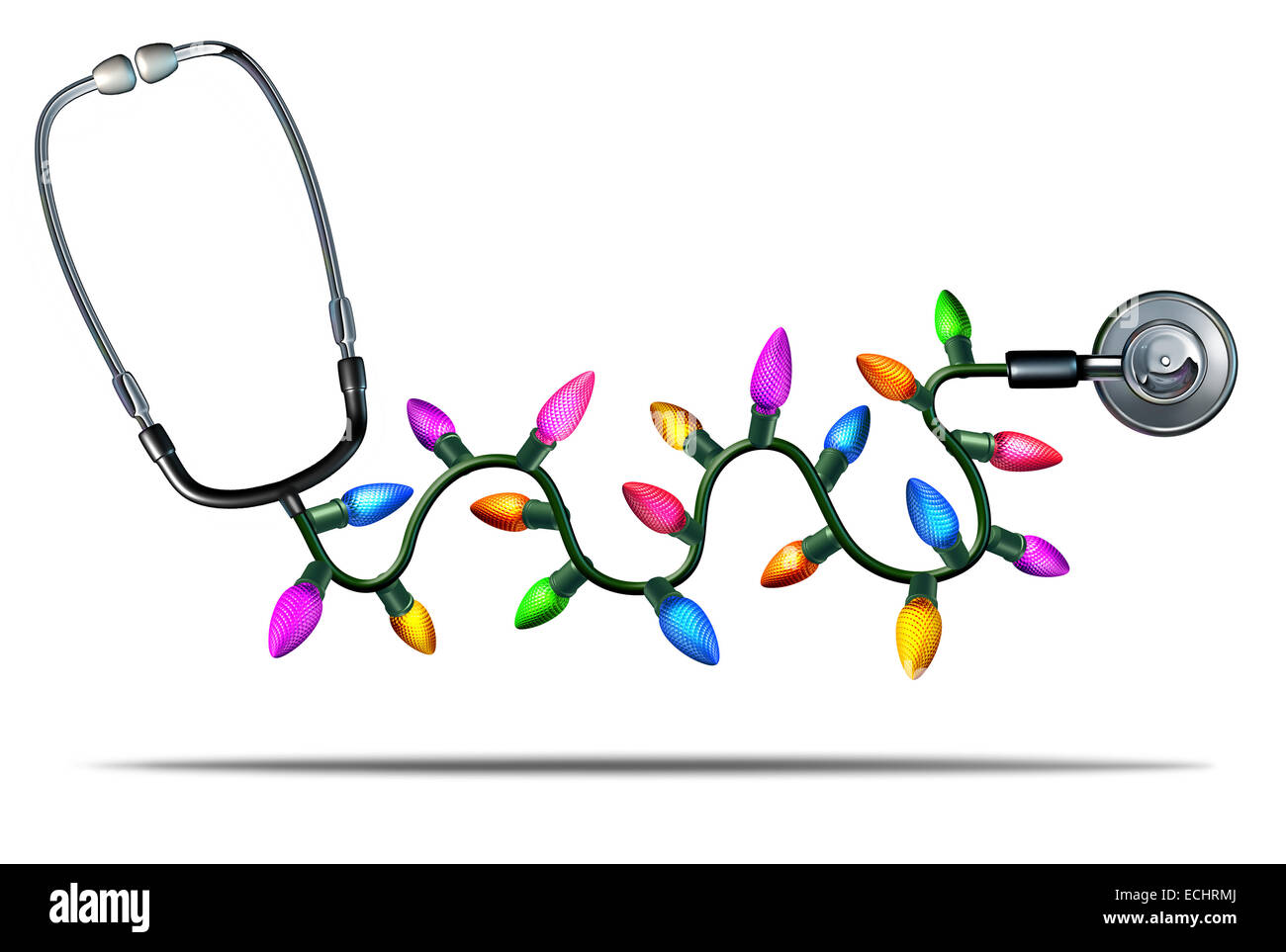 Gesundheitswesen Ferienkonzept als drei dimensionale Stethoskop mit Weihnachtsbeleuchtung Dekoration als Symbol für Heilung und Genesung durch Therapie und Medizin in das neue Jahr oder Krankenhauspersonal Partei Symbol. Stockfoto