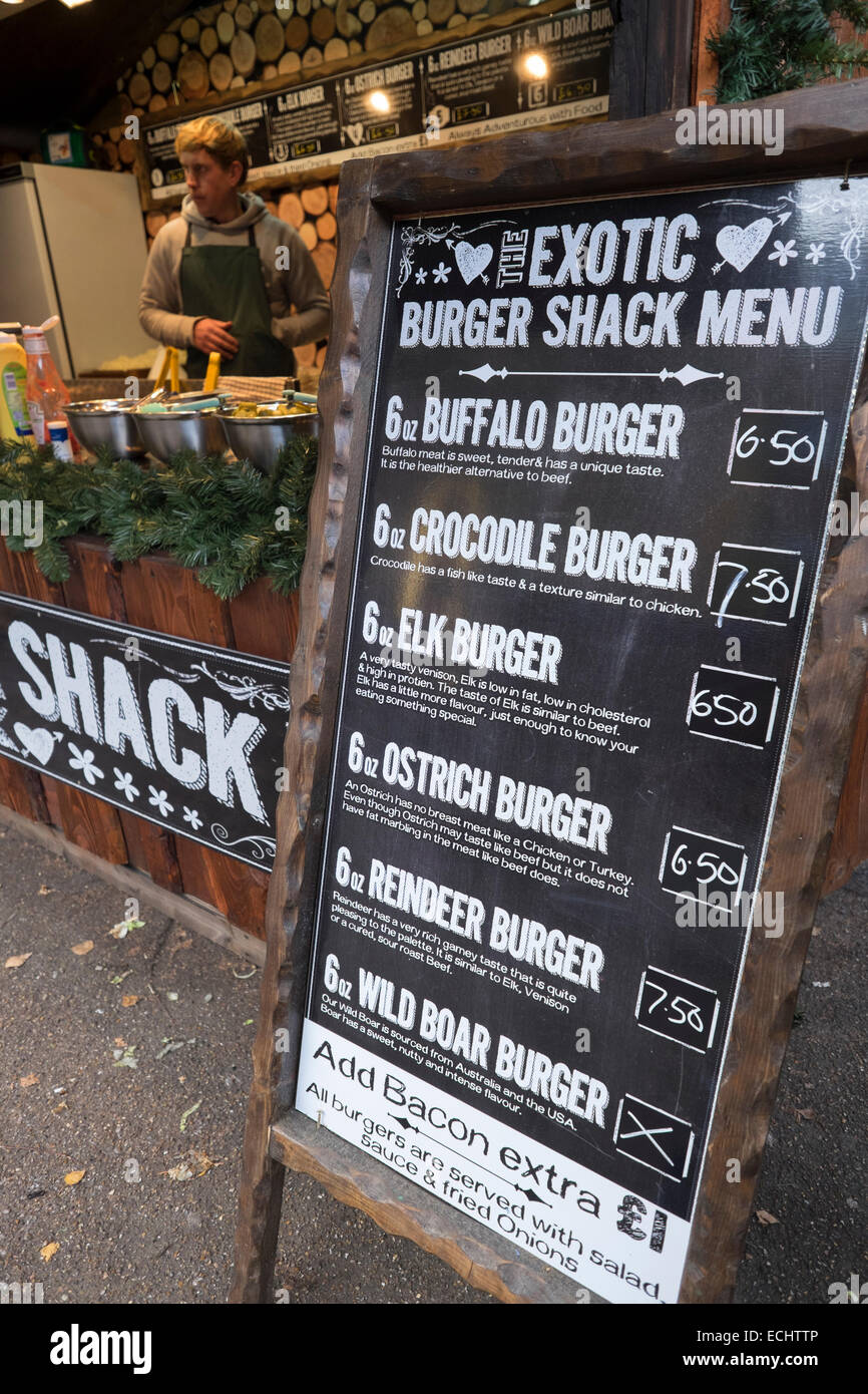 Exotische Burger-Menü auf dem Weihnachtsmarkt in der Tate Modern Gallery in London Stockfoto