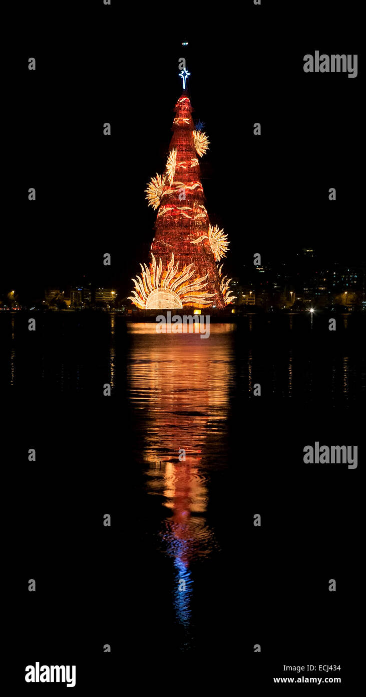 Rio De Janeiro, Brasilien. 15. Dezember 2014. Ein riesiger Weihnachtsbaum wird auf See von Rodrigo de Freitas in Rio De Janeiro, Brasilien, am 15. Dezember 2014 gesehen. Die Baumriesen, die 85 Meter hoch und mit ca. 3,1 Millionen Mikro LED-Lampen installiert ist, wird jedes Jahr vor Weihnachten beleuchtet. Das Thema des Baumes ist in diesem Jahr "Weihnachtslicht". Bildnachweis: Xu Zijian/Xinhua/Alamy Live-Nachrichten Stockfoto