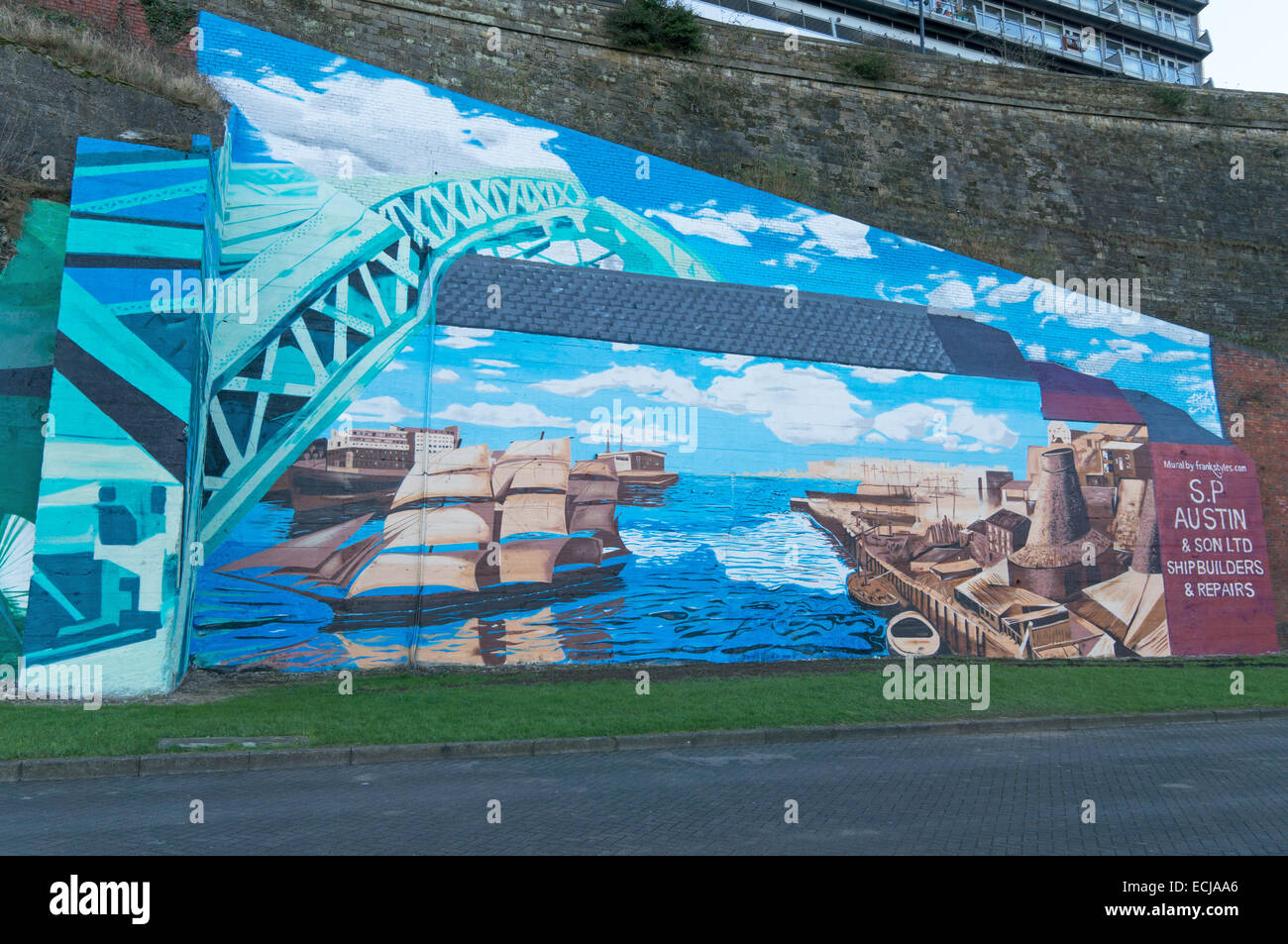 Fluss tragen Wandbild des lokalen Künstlers Frank Styles, Sunderland, Nord-Ost-England, UK Stockfoto