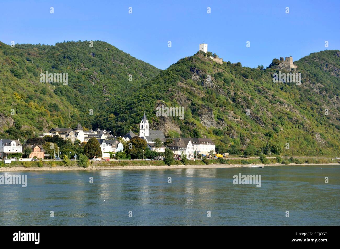 Deutschland, Rheinland-Pfalz, Kamp Bornhofen mit Burg Sterrenberg und Liebenstein Dorf, der romantische Rhein als Weltkulturerbe der UNESCO aufgeführt Stockfoto