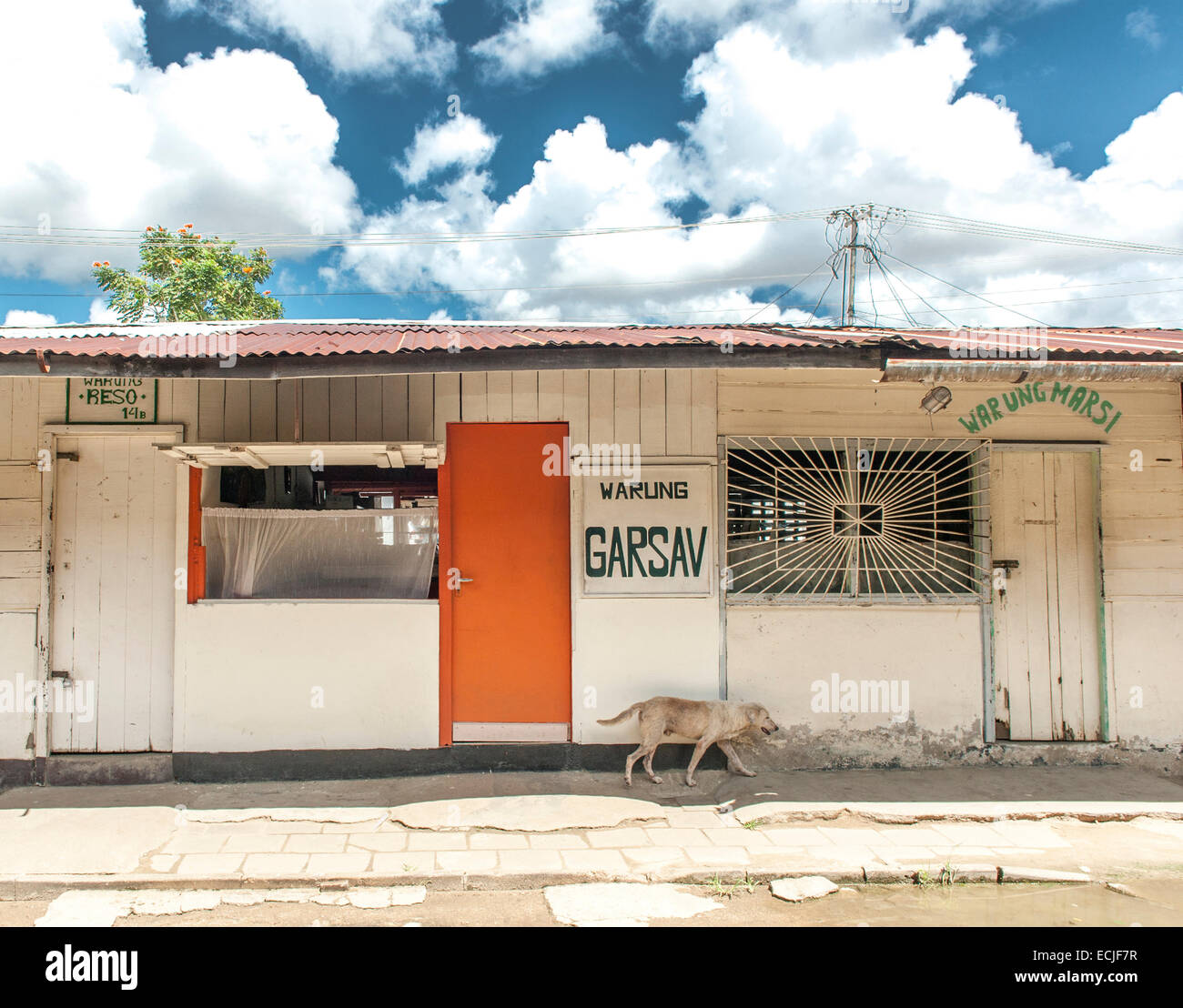 Traditionelle javanische Restaurant am Kankantrie Markt, Paramaribo, Suriname, mit Hund vorbei Stockfoto