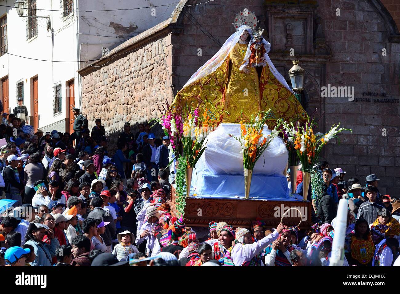 Peru, Cuzco Provinz, Cuzco, Weltkulturerbe der UNESCO, Corpus Christi fest, für mehrere Tage im Juni, Parade durch die Straßen, die Jungfrau Maria und die Heiligen der Stadt Stockfoto