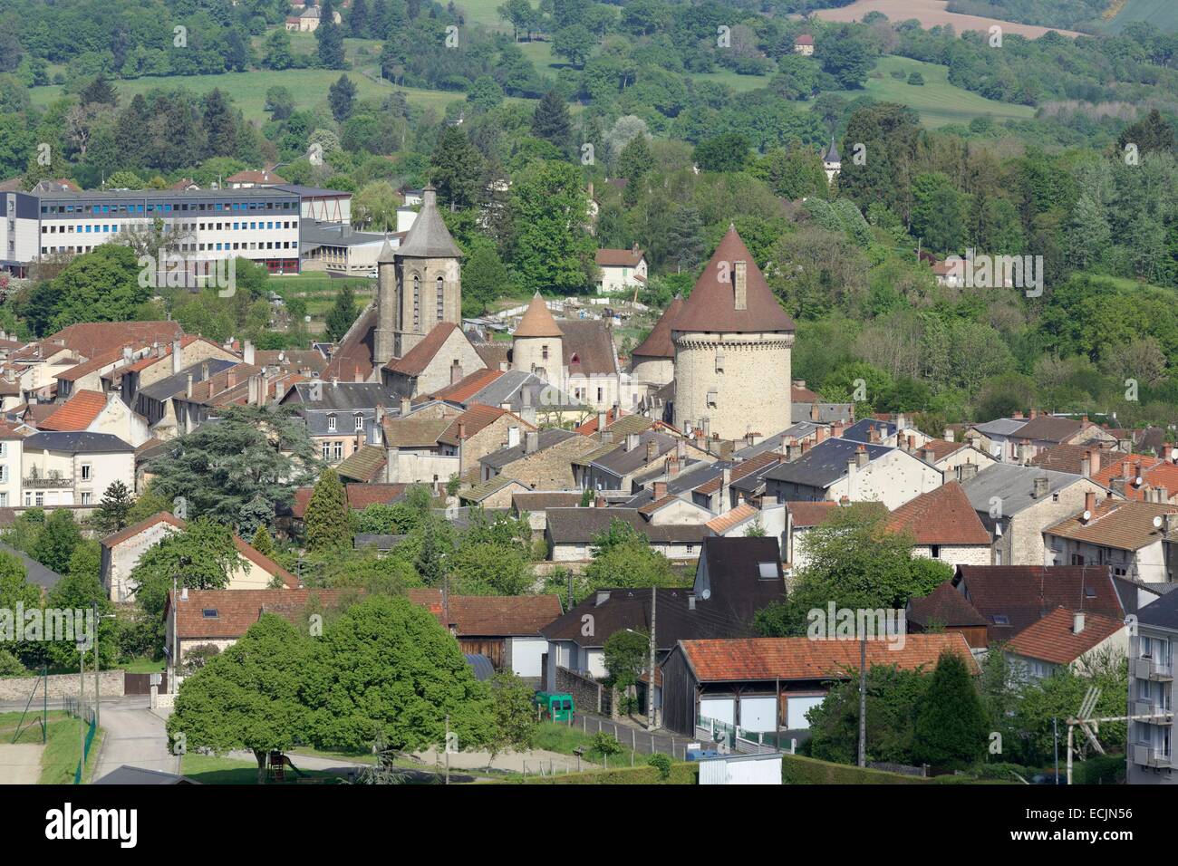 Frankreich, Creuse, Bourganeuf, Burg, Kirche und Zizim Turm Stockfoto