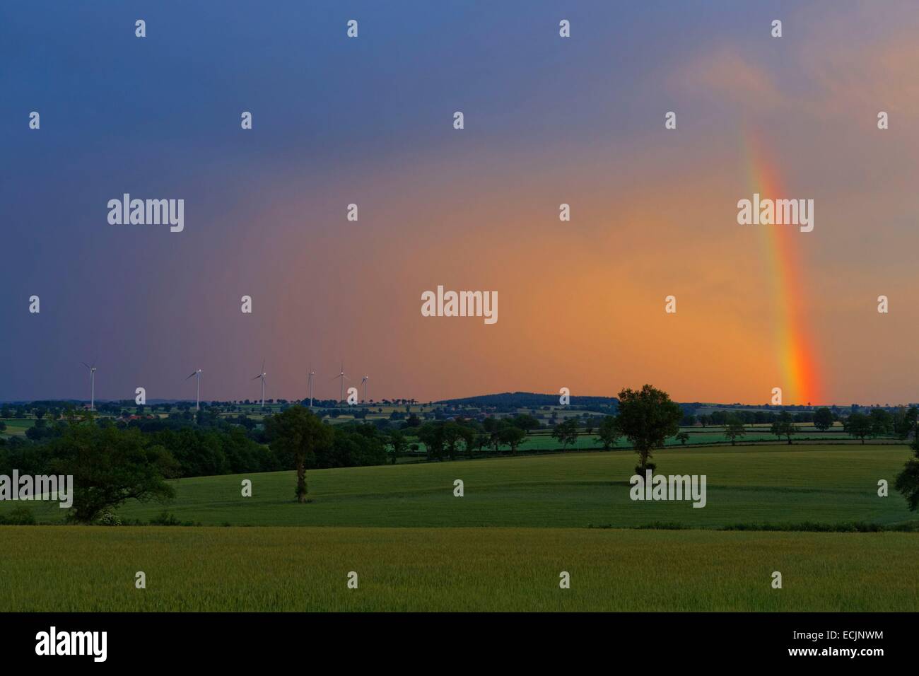 Frankreich, Creuse, Evaux-Les-Bains, Gewitterhimmel, Regenbogen Himmel und wind Stockfoto
