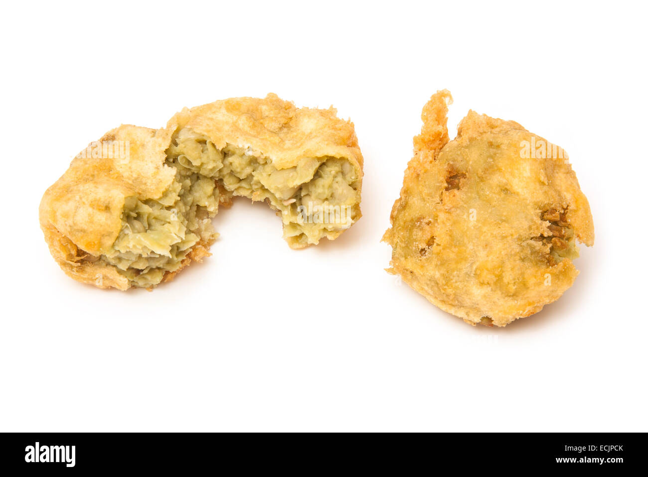 Frittierte Krapfen Erbse oder Kugeln frisch aus dem Fish &amp; Chips-Shop. Stockfoto