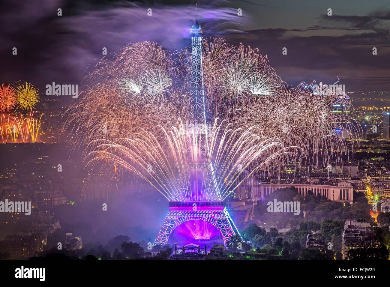 Frankreich, Paris, Bereich als Welterbe y UNESCO, den Eiffel Turm beleuchtet (© SETE Illuminations Pierre Bideau) und das Feuerwerk der Nationalfeiertag (Französischer Nationalfeiertag) feierte am 14. Juli Stockfoto