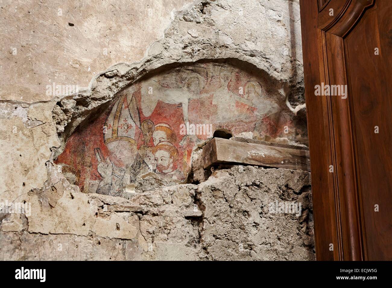 Frankreich, Ariege, Notre Dame De La Sede Kathedrale Saint Lizier, Bischofspalast, römische Fresken aus dem 14. Jahrhundert versteckt hinter den hölzernen Ständen Stockfoto