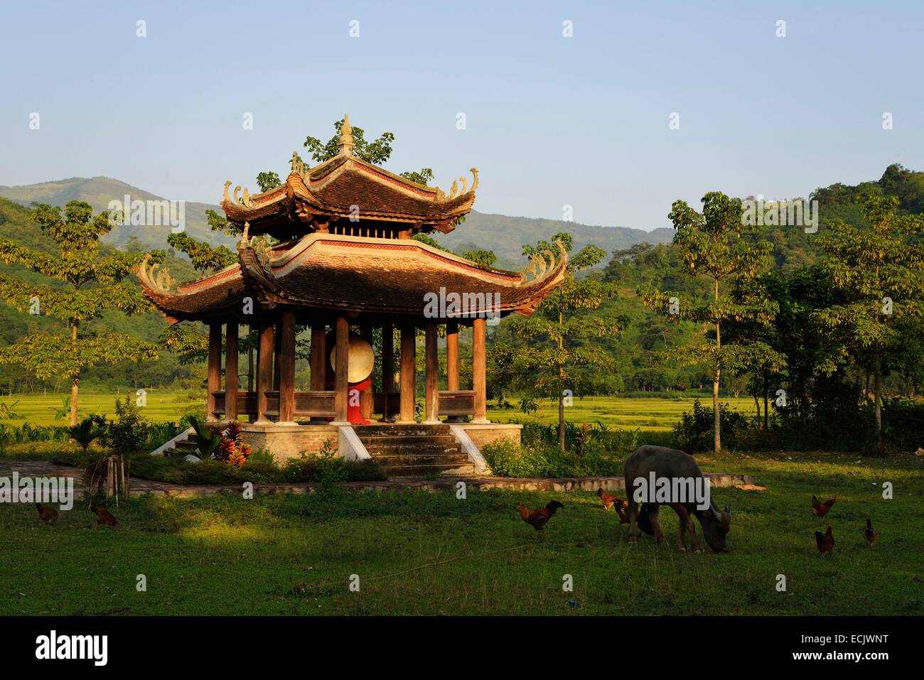 Vietnam, Lao Cai-Provinz, in der Nähe von Bac Ha, Dorf der Thai ethnischen Gruppe, drum Pagode Stockfoto