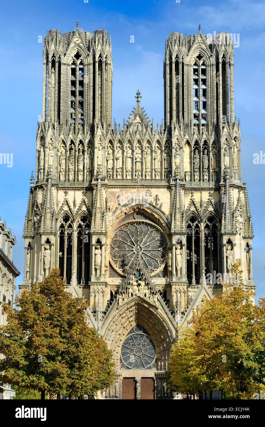 Frankreich, Marne, Reims, Kathedrale von Notre-Dame de Reims, aufgeführt als Weltkulturerbe der UNESCO, der Westfassade Stockfoto