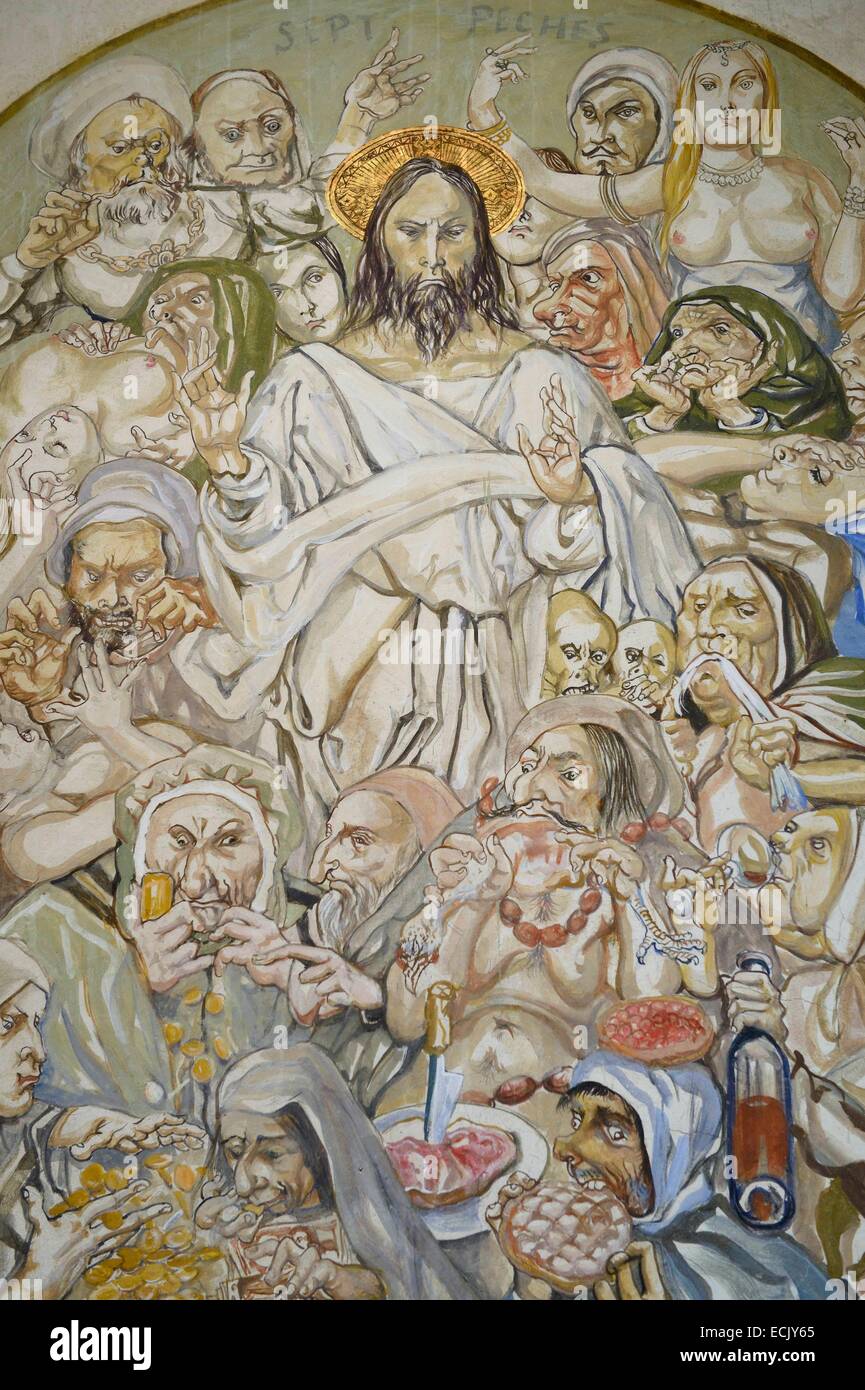 Frankreich, Marne, Reims, die Kapelle unserer Dame des Friedens oder Foujita Kapelle, Gemälde von Leonard Foujita, die sieben Todsünden Stockfoto