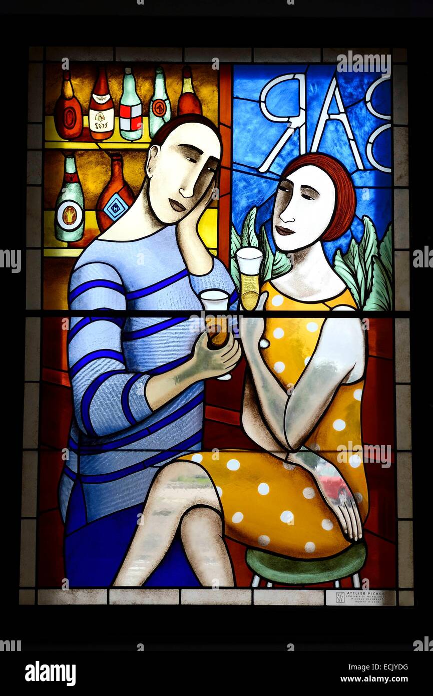 Frankreich, Meurthe et Moselle, Saint Nicolas de Port, die Französisch-Brauerei-Museum, Glasmalerei-Fenster auf das Thema Bier Arbeit von Lothringen Künstlerin Sophie Ginzburg (2001) Stockfoto