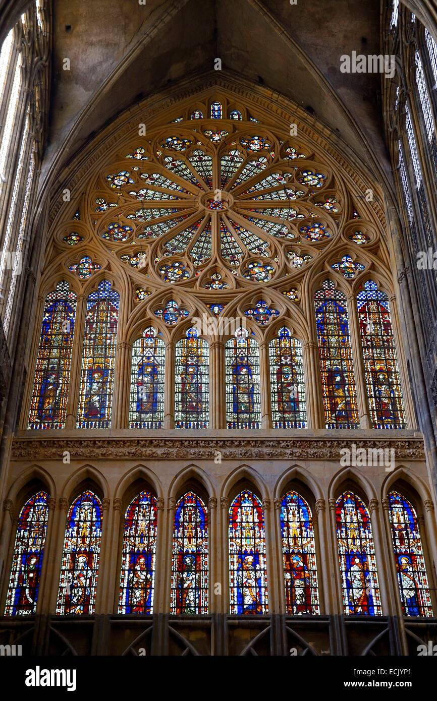 Frankreich, Moselle, Metz, Kathedrale Saint-Etienne, Westfassade, 14. Jh. Glasfenster von Hermann von Münster und die große rosette Stockfoto