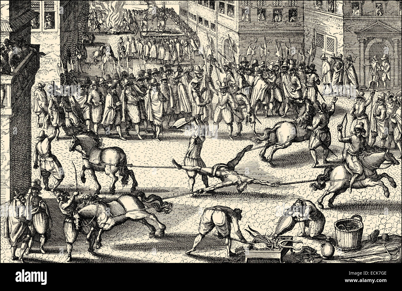Die Ausführung der François Ravaillac, gezogen von vier Pferden auseinander ermordete er König Henry IV von Frankreich im Jahre 1610, sterben Viertei Stockfoto
